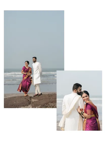 A collage showing the couple's romantic beach portraits. From standing against the vast ocean to sharing a quiet embrace, it tells a story of love as endless as the sea.