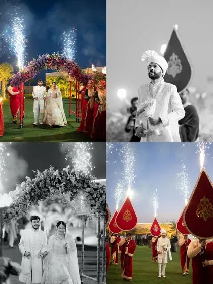 A collage capturing the grandeur of the wedding entrance. It shows the couple walking under a floral arch with sparklers, the groom's regal entry, and tender moments with family.