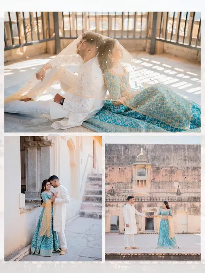 Praveen and Chaithra's romantic moments at Amer Fort, including a beautiful shot with a sheer veil, creating a soft and dreamy effect.