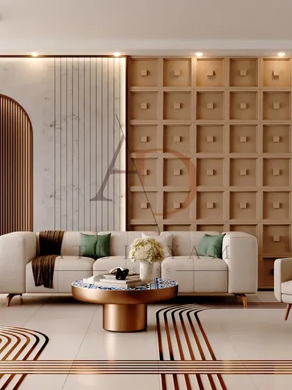 Another angle of the space, highlighting the unique 3D wall paneling and the contrast between the soft, curved furniture and the strong lines of the floor design.