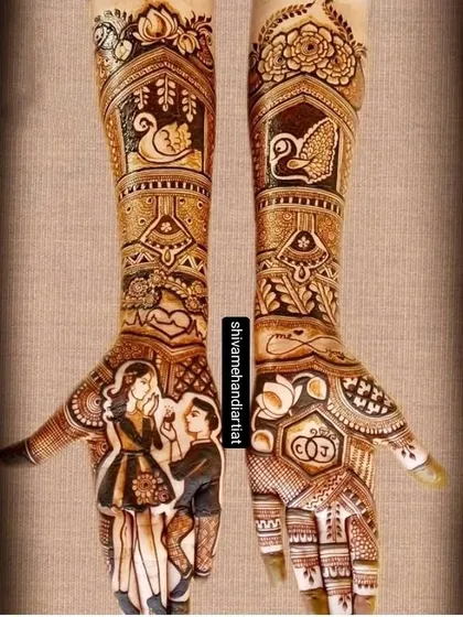 A romantic design featuring a proposal scene on one palm and the couple's initials on the other. The forearms are decorated with swans and floral motifs.