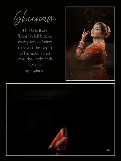 A dramatic and artistic bridal portrait. We use low-key lighting to create a moody, painterly effect, highlighting the bride's features and her stunning red lehenga.