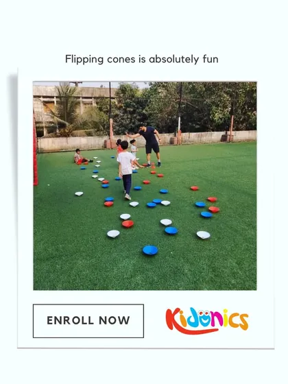 One of our most popular party games is 'Flipping Cones'! It's a fast-paced, high-energy drill where kids race to flip as many cones as they can. This simple game is amazing for developing speed and reflexes, and it always ends with tons of laughter.