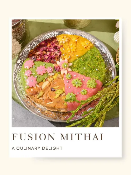 This is my fusion mithai, a culinary delight that is as beautiful as it is delicious. It combines different flavors and textures, like pistachio, rose, and almond, into a single, stunning presentation.