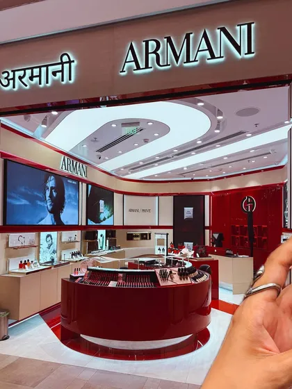 Capturing the stunning interior of the new Armani Beauty store at Jio World Drive, giving my audience a virtual tour.