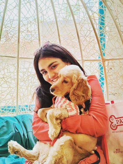 Dog hair is my go-to accessory. A guest enjoying a cuddle with a cute cocker spaniel puppy in our swing chair.