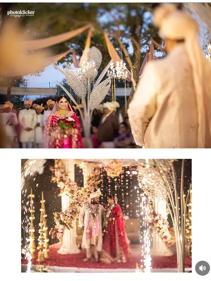 A collage showing the bride's grand entrance and the spectacular Jaimala ceremony complete with pyrotechnics, capturing the scale of the event.
