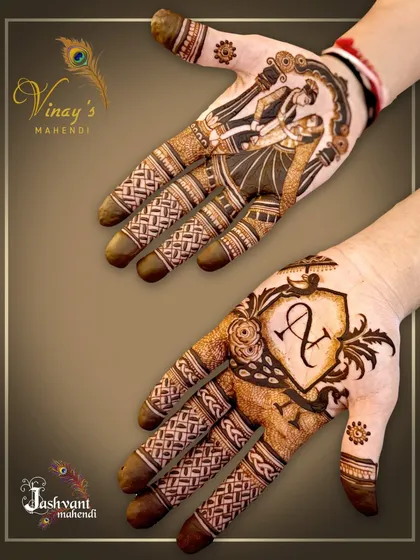 A high-quality close-up of the groom's dance scene and initial crest mehndi.