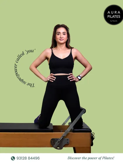The superpower was always you. Pilates just helps you bring it out. This is a moment of pure strength and confidence on the Reformer, showcasing the power that lies within you.