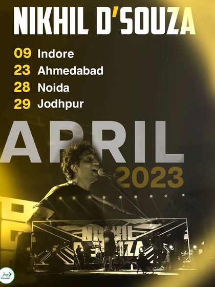 A poster detailing Nikhil D'Souza's April 2023 tour dates, showcasing our consistent booking for popular artists.