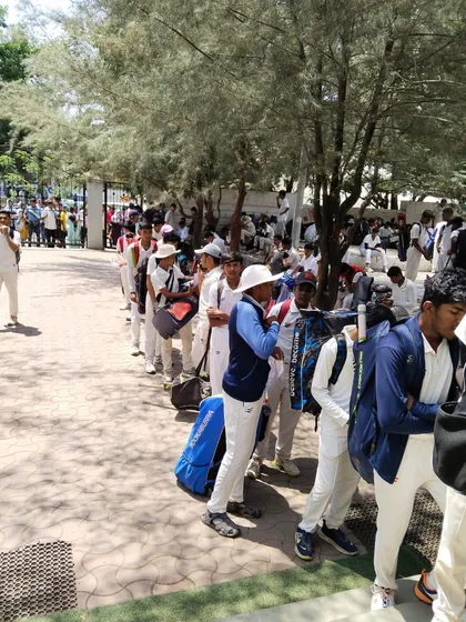 A long queue of U-19 players at our Chinchwad center, showcasing the high demand and prestige of our academy trials.