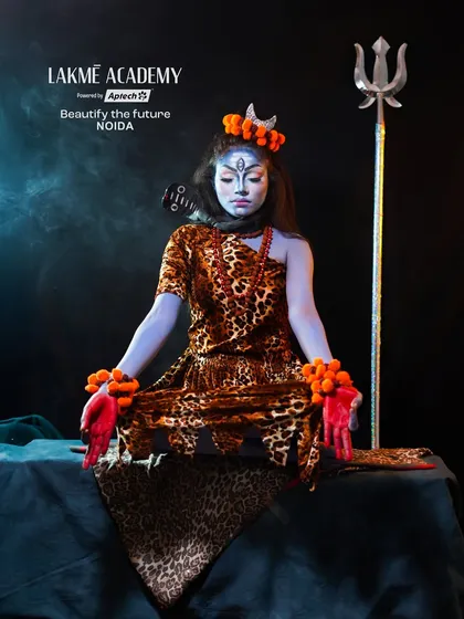 A powerful fantasy look inspired by Lord Shiva. This image shows the full character, including the blue skin, leopard print attire, and trishul.