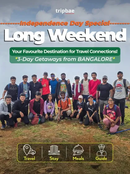 A poster for our 3-day long weekend getaways for Independence Day, showing a trekking group.