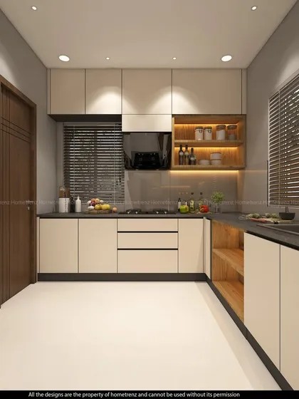 A kitchen that balances light and dark elements. The off-white cabinets are paired with a black countertop and backsplash, and the open wood shelves add a touch of warmth.