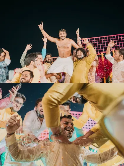 Capturing the fun and chaos of the groom's Haldi. These moments of pure celebration with the groomsmen are an essential part of the wedding story.