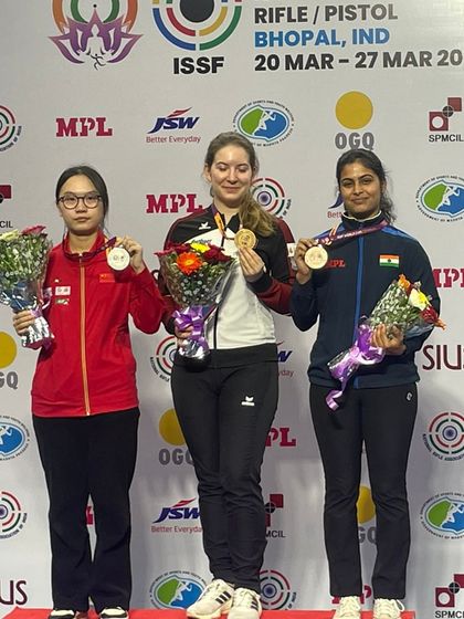 The women's 25m Pistol podium at the ISSF World Cup in Bhopal, with India's Manu Bhaker securing the bronze medal.