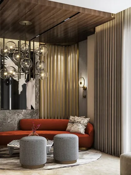 A visualization of a cozy reading corner within a larger living space. This render shows our attention to creating smaller, intimate moments, focusing on the textures of the sofa and the warm glow of the lighting.