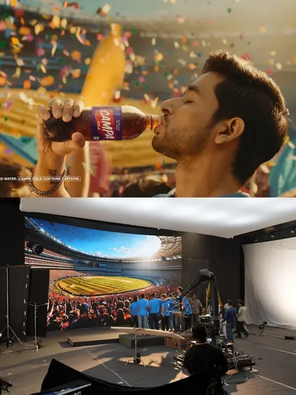 A before-and-after from a Campa Cola commercial shot in our virtual production studio. We created a massive, cheering stadium on our LED walls, providing a dynamic and cost-effective background for the shoot.