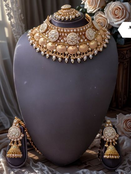 A classic temple coin necklace set from my for-sale collection. This beautifully photographed set includes a choker, matching jhumkas, and a maang tikka, perfect for a traditional bride.