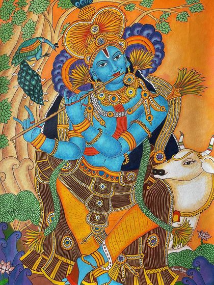 A full, clear view of the 'Hare Krishna' Kerala mural painting, showing the harmony between the divine figure, the cow, and nature.