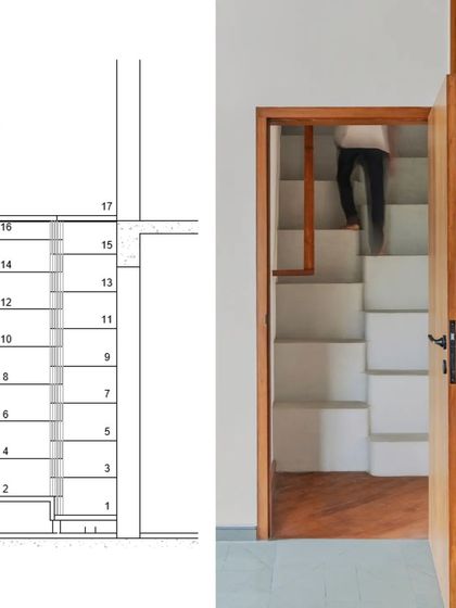 A plan and photo of the unique alternating tread staircase designed for a compact space in the Hyderabad residence. This solution allowed us to fit a functional staircase into an area where a conventional one would not be possible.