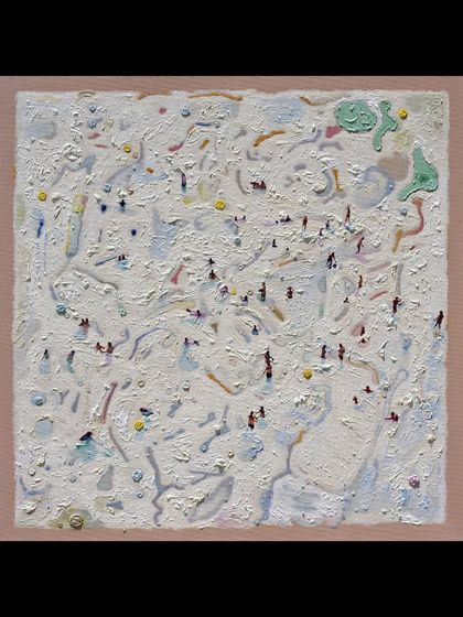 'Joy of Being – 10', a textured oil and acrylic painting by Kodanda Rao Teppala. This contemplative work, featured at the Seattle Art Fair, celebrates the quiet moments of connection in everyday life.