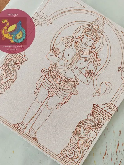 The brown outline of the Sankatamochana Hanuman, ready for color. The powerful form and decorative pillars are all defined.