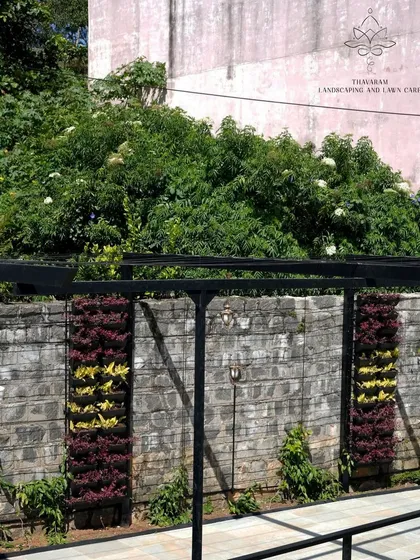 Here, a black steel pergola is combined with vertical garden panels against a stone wall, designed to support climbing plants for a future shaded seating area.