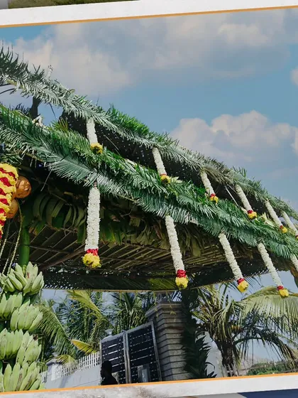 This is the beauty of Karnataka's traditions. A classic entrance canopy made from woven coconut leaves, adorned with fresh flower garlands, banana bunches, and coconuts for a truly authentic welcome.