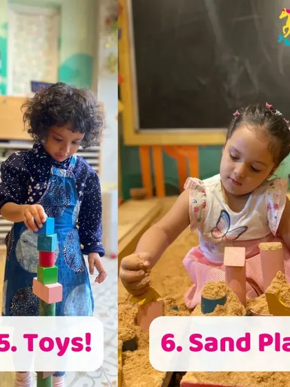 A split view of our most loved play areas. On the left, a child develops fine motor skills with stacking toys, while on the right, another enjoys the freedom of sand play.