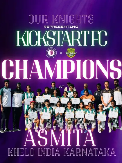 The full Kickstart FC team, featuring our six Sub-Junior girls, celebrating their Khelo India championship.
