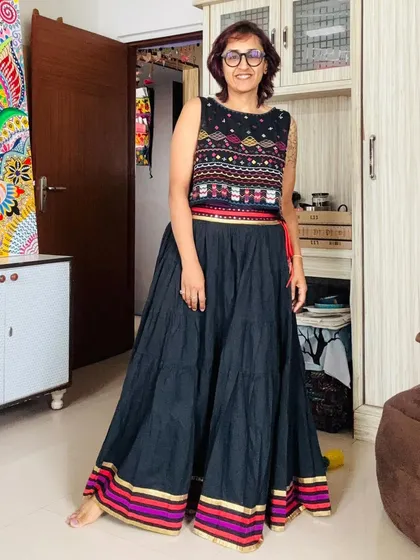 A relaxed work-from-home outfit. This long skirt and embroidered crop top are old local finds that I've treasured for years.