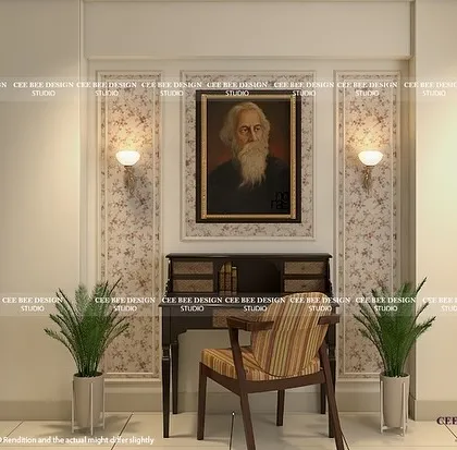 Another 3D render of the Tagore-inspired corner, showing a different layout with floral wallpaper.