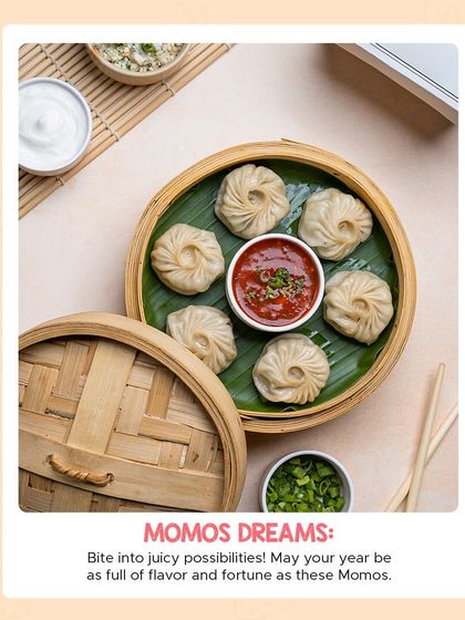 A festive shot of our steamed momos, beautifully presented in a bamboo basket. It's a comforting and delicious snack for any celebration.