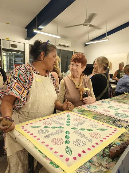 Our collaborative exhibit, 'Karri-djarrk-durrkmiri,' in Darwin, Australia. Here, artists from Tharangini and the Bábbarra Women's Centre conduct a joint block printing and lino printing workshop.