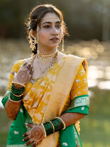 The bride looks thoughtfully to the side, her beauty enhanced by the warm, natural light.