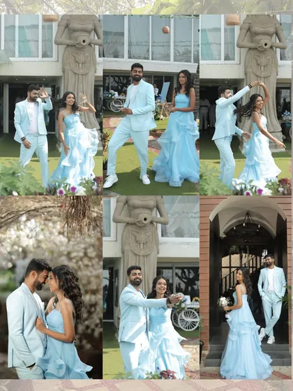 A collection of fun and romantic moments from the couple's pastel blue themed brunch, showcasing their coordinated outfits and playful interactions.