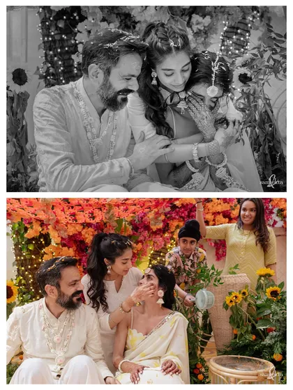 A collage showing the emotional and supportive moments between Nikki and her family during her haldi. From a sister's hug to a cousin's help, it shows that family is always there.