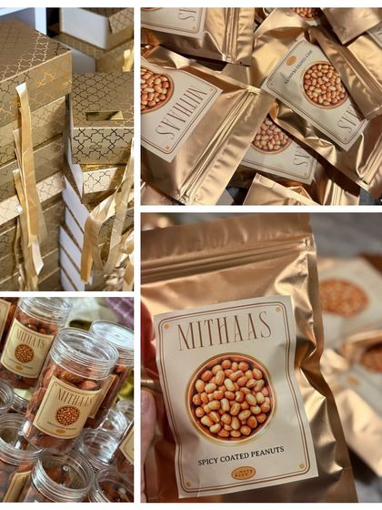 A glimpse into my packing station, where exclusive hampers come to life. Here you can see my spicy coated peanuts being packed in jars and pouches, ready to be added to custom gift boxes.