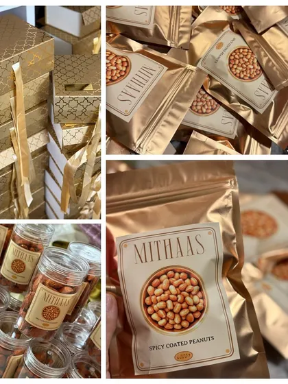 Preparing a bulk order of my popular spicy coated peanuts. Each batch is freshly made and packed in branded pouches, ready to be included in custom corporate or festive hampers.