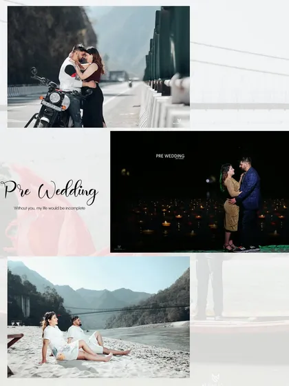 A soft and romantic album page collage, blending different themes like a bike shoot, a night shoot, and a beach session.