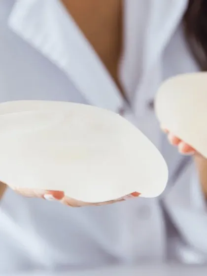 This image shows examples of silicone breast implants used for breast augmentation. During our consultation, we discuss the different types, shapes, and sizes to find the perfect fit for your body and your desired outcome, ensuring a result that feels both beautiful and natural.