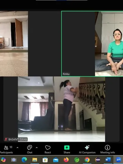 This screenshot shows participants practicing dynamic movements during our weight management workshop. These exercises are designed to increase heart rate and build heat in the body, which aids in burning calories and improving cardiovascular health.
