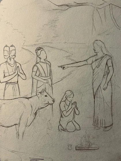 A close-up of a pencil sketch illustrating a story from a book. I enjoy bringing written stories to life through my art.