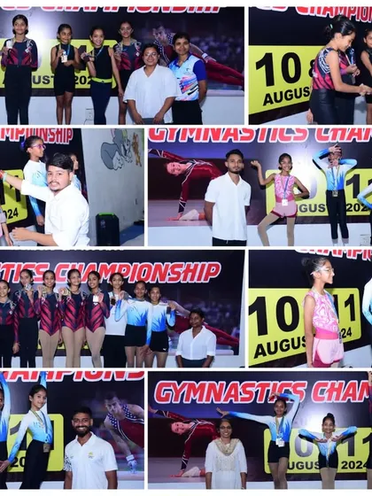 The medal ceremony for our aerobic gymnastics teams. It's a proud moment to see them recognized for their synchronized and skillful performances.