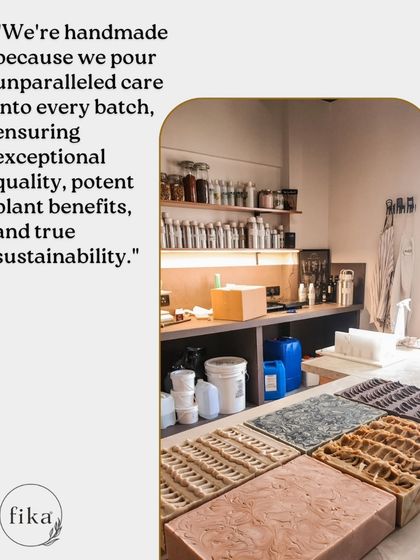 I'm handmade because I pour unparalleled care into every batch. This view of my studio, with soap loaves curing, shows my dedication to exceptional quality, potent plant benefits, and true sustainability.