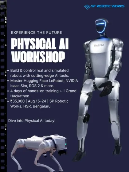 This poster highlights the advanced systems you'll work with in our Physical AI workshop, including humanoid robots and quadrupeds like the Unitree dog. We dive deep into simulation and control using tools like NVIDIA Isaac Sim and ROS 2.
