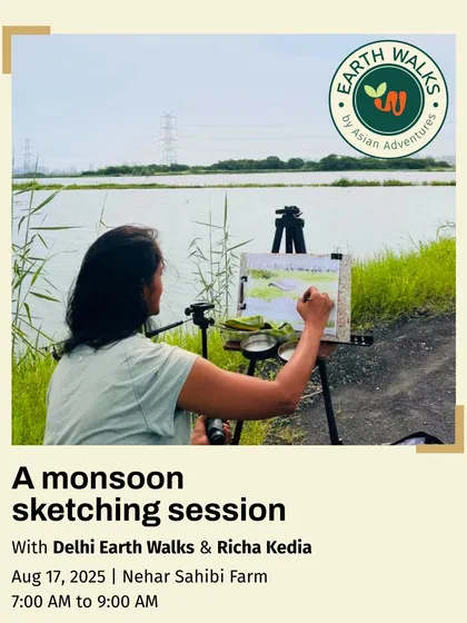 An artist captures the monsoon landscape during our nature sketching session at Nehar Sahibi Farm. These creative workshops offer a unique way to connect with the environment, blending artistic expression with mindful observation of the natural world.