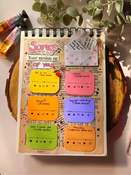 The full scrapbook spread on a wooden slice, showing how all the colorful song cards look against the vintage-style background.