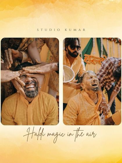 A collage showing the groom's fun-filled haldi, from being smeared with paste to being doused with water.